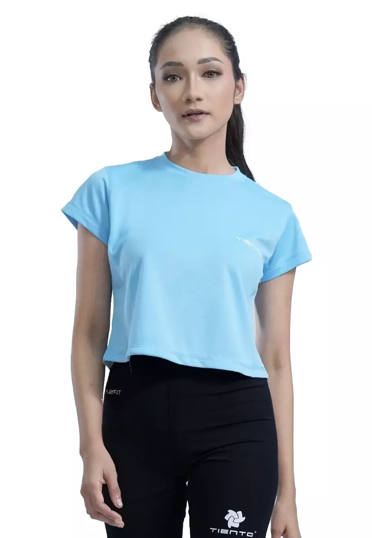 Tiento Baju Olahraga Wanita Crop Top Shirt Kaos Lengan Pendek Running Gym Lari Yoga Pound Fit