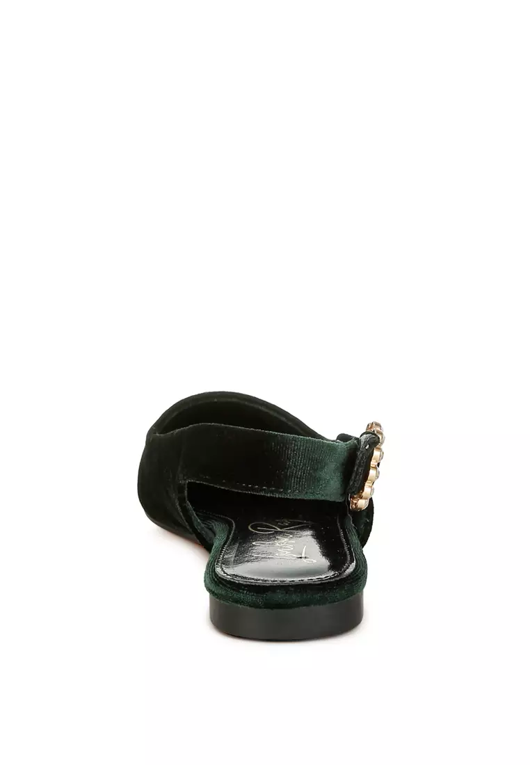Velvet Slingback Flat Sandals in Green