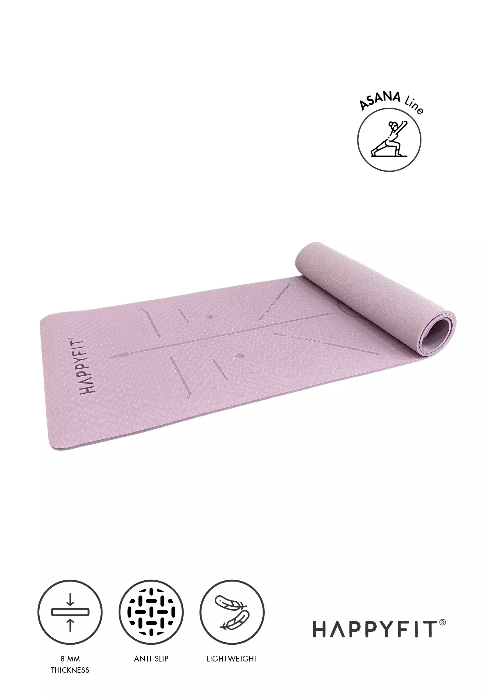HAPPYFIT - Yoga Mat Asana TPE 8mm Eco Friendly (FREE STRAP) - Dusty Purple