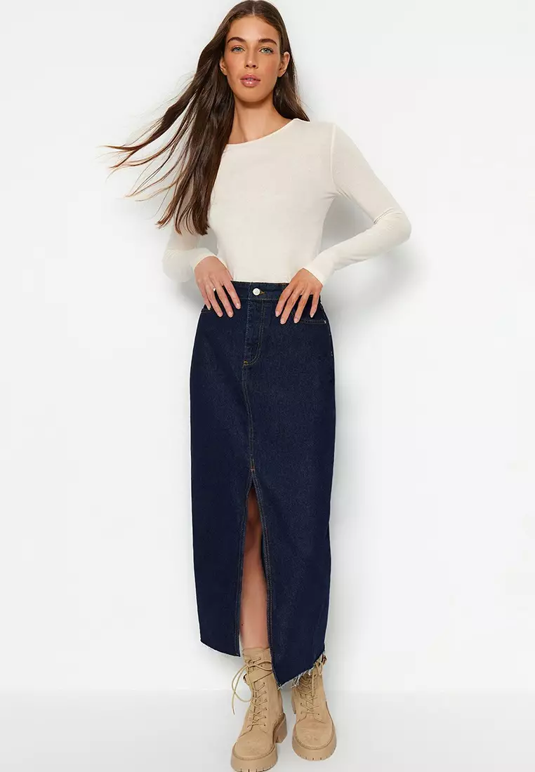 Dark Blue More Sustainable Slit Maxi Denim Skirt TWOSS23ET00290