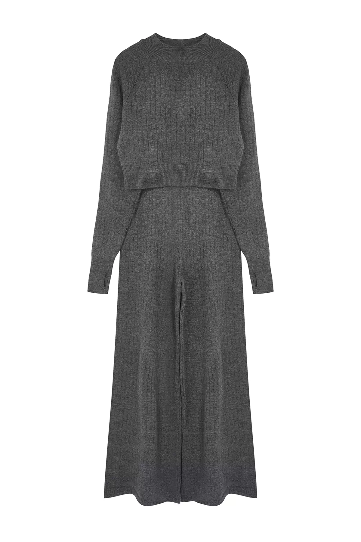 Anthracite Knitwear Crop Top And Trousers Set Toe Detailed