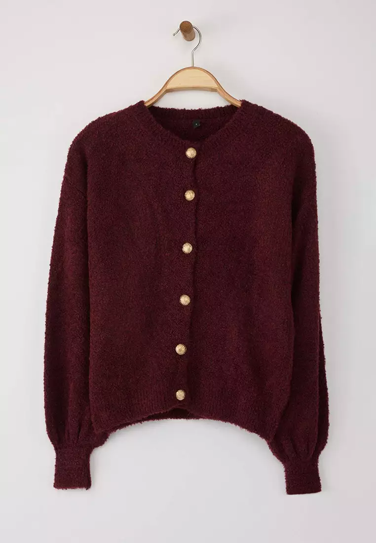 Burgundy Button Detailed Soft Textured Knitwear Cardigan