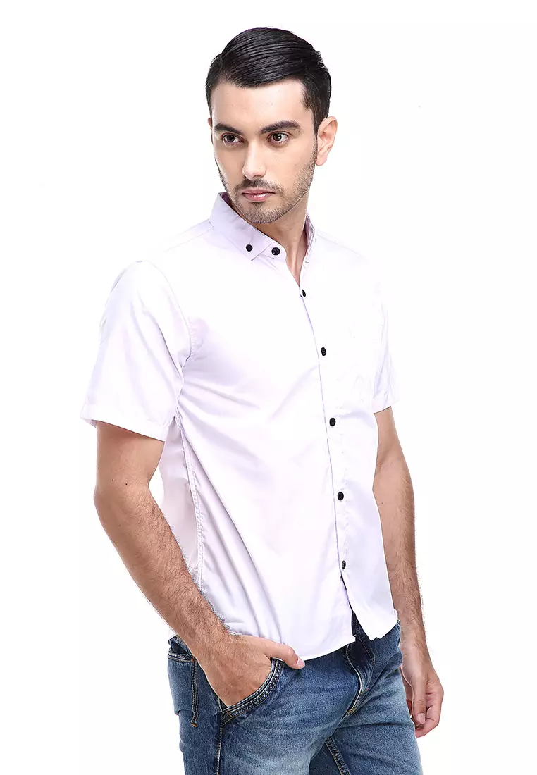 Dwan Casual Shirt Kemeja Polos Pria Lengan Pendek Kasual Formal Material Cotton ORIGINAL - White