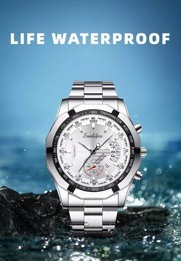 Jam Tangan Pria 9094 Original Kuarsa Kalender Tali Stainless Steel Jam Tangan Cowok(Kotak + Kartu Garansi) silver white