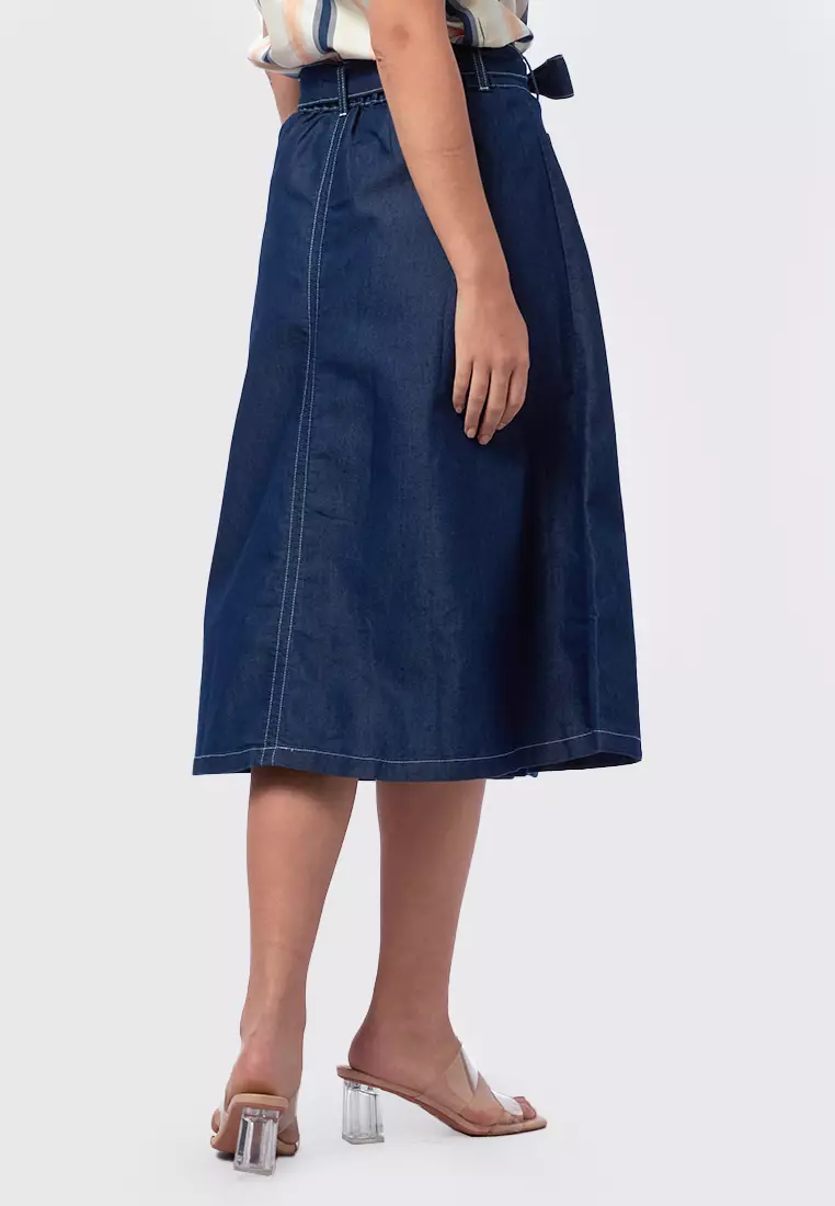 Jual et cetera Contrast Stitches Denim Skirt DARK BLUE Original