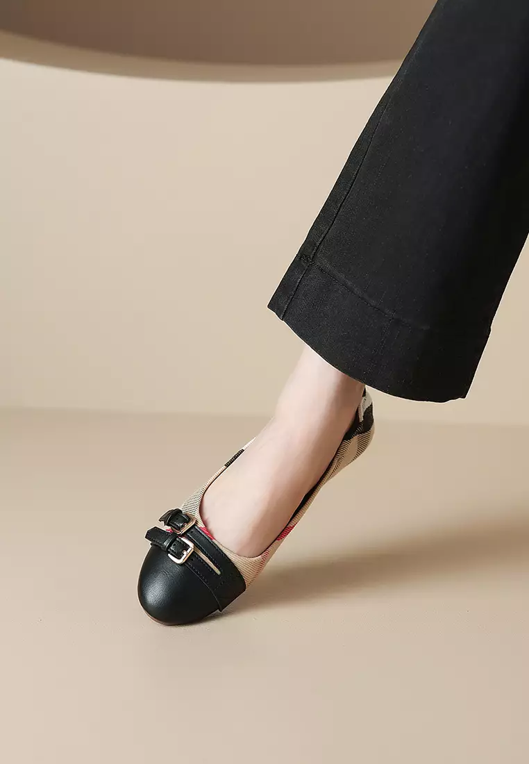 Buckle Plaid Faux Leather Flat Ballerinas WW955-5