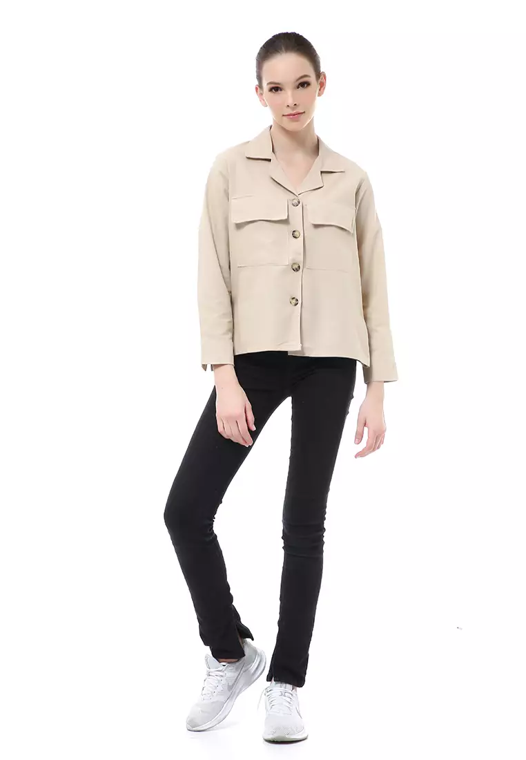 Brielle Atasan Wanita Kemeja Pocket Plain Motive Lengan Panjang Material Linen ORIGINAL - Cream