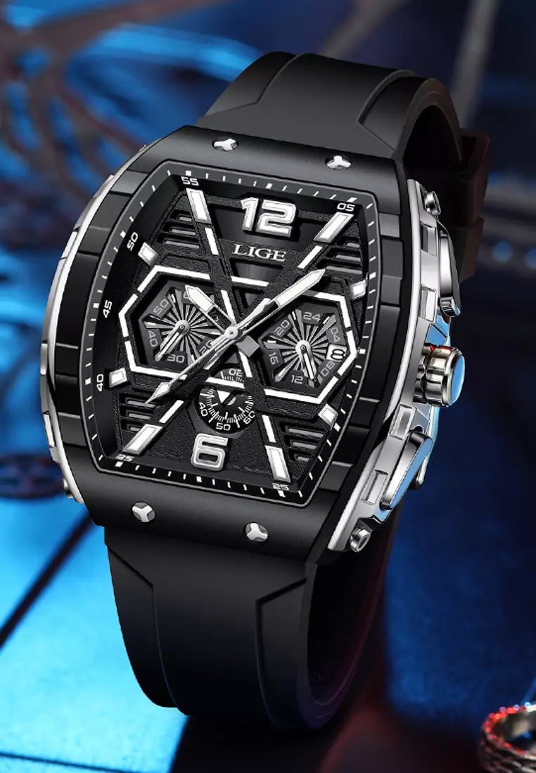 Unisex Tonneau Shaped IP Black Quartz Watch on Rubber Strap