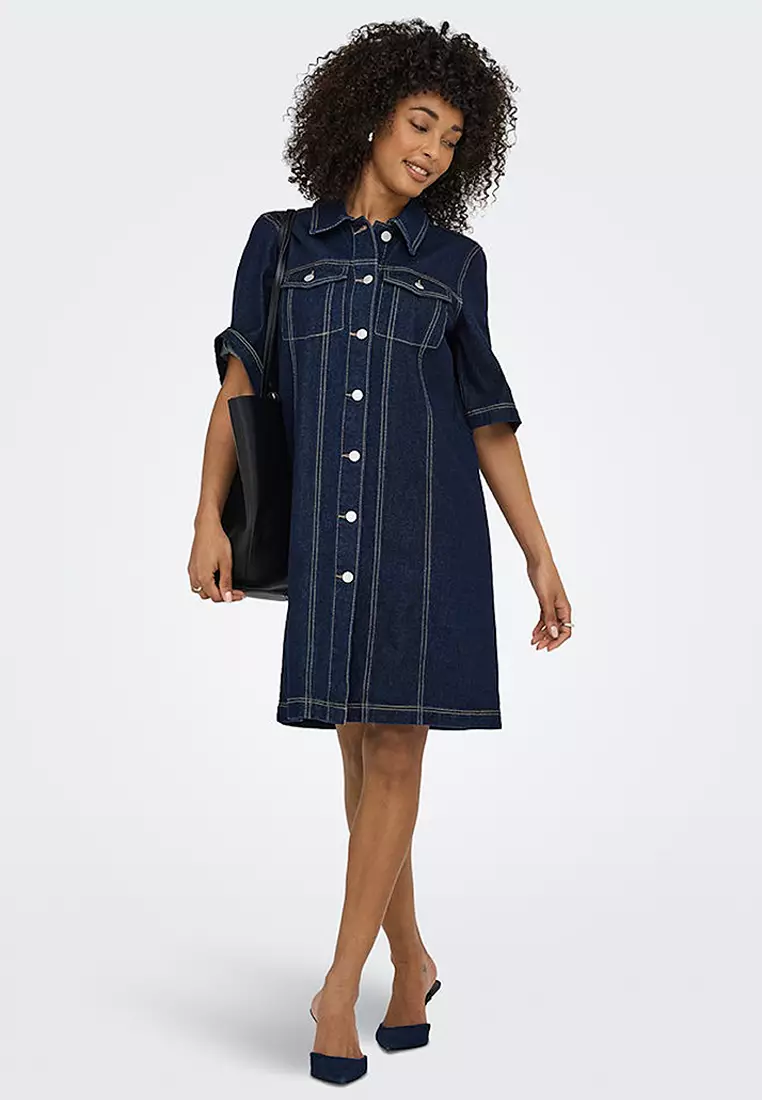 Short Sleeves Button Denim Dress