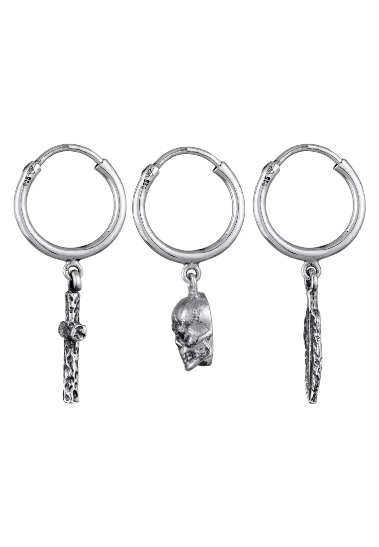 EXCLUSIVE Anting Perhiasan Perak 925 Pria Set Creole Skull Feather