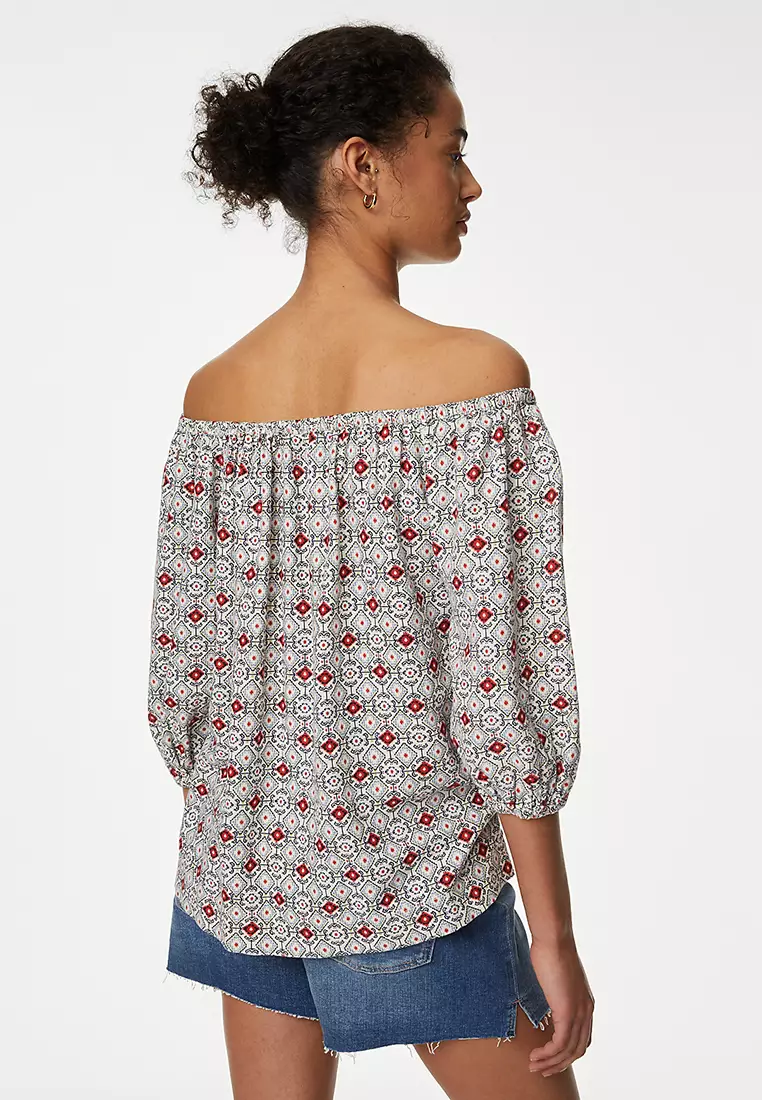 Linen Rich Printed Bardot Blouse