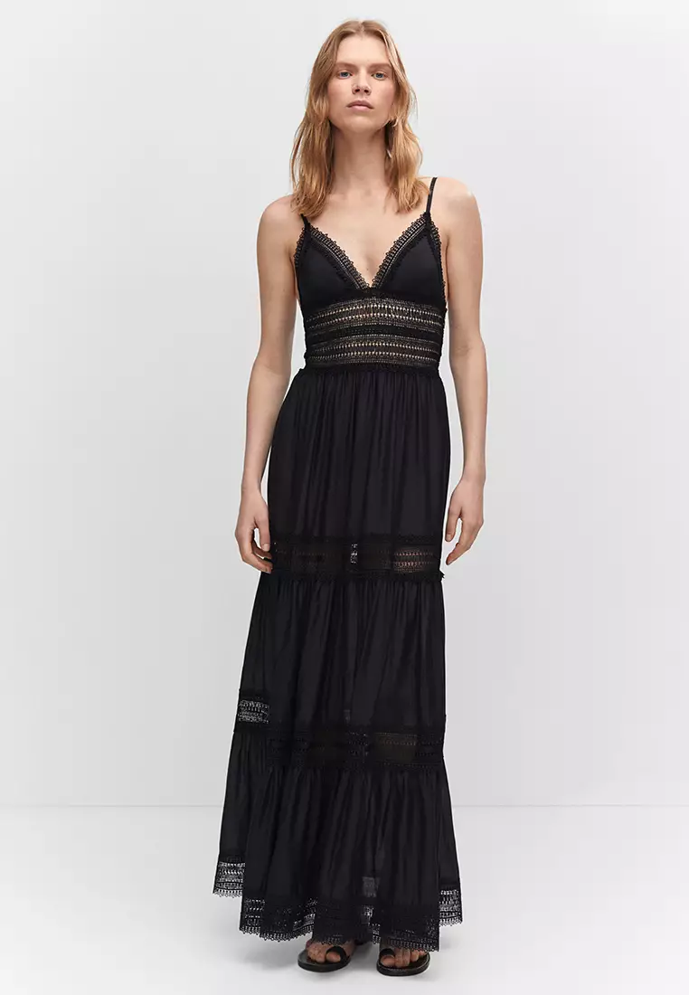 Belted high waist lace panel maxi dress outlet