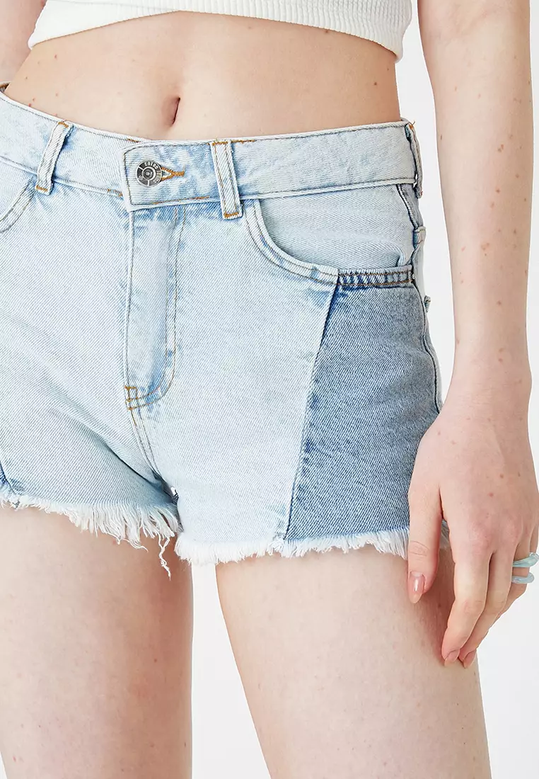 Cotton Denim Shorts Color Block