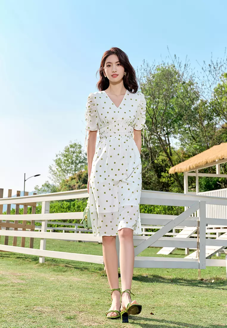 Puff Sleeve V-Neck Shirred Polka Dot Midi Dress