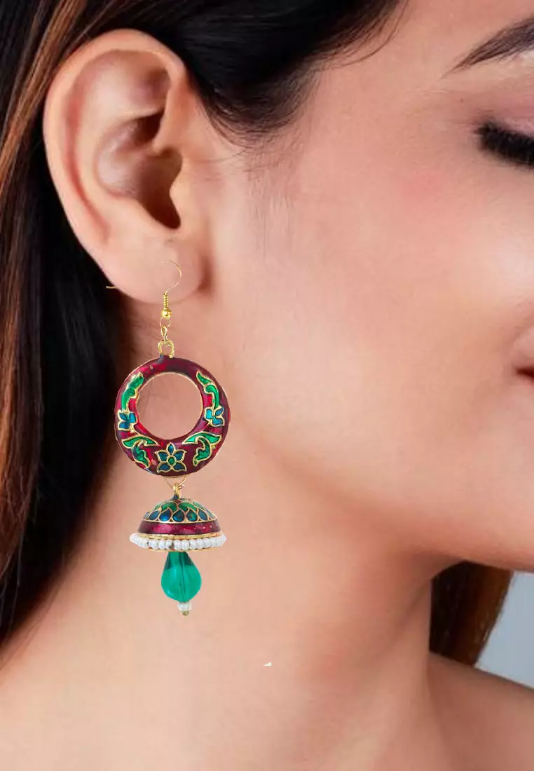 Aksesoris Wanita Floral Lacquer circular Pearly Dome Jhumka Earring Anting Wanita Deep Red