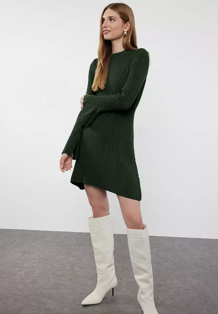 Emerald Green Mini Knitwear A Line Form Fit Dress