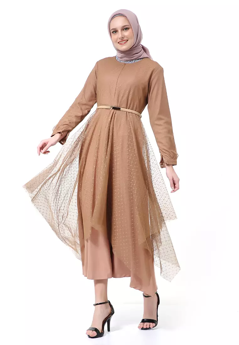 Zahwa Long Dress Gamis Muslimah Long Sleeve Free Belt High Quality - Brown
