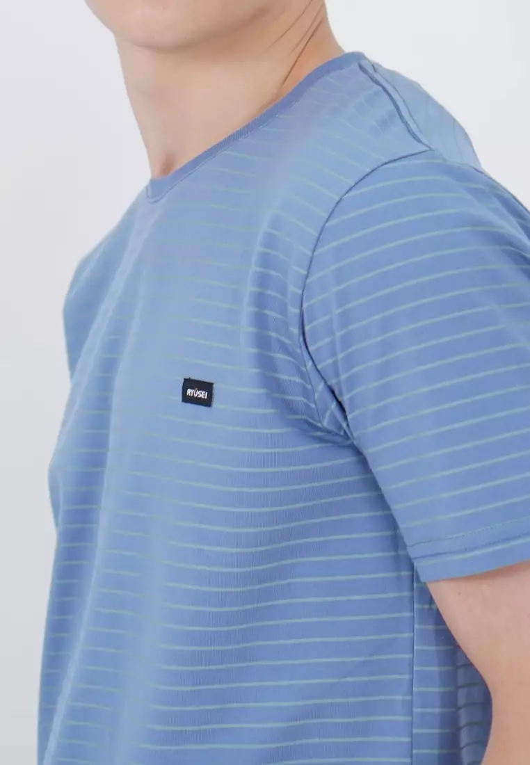 Ryusei Kaos Pria Kitagawa Stripe Blue Denim