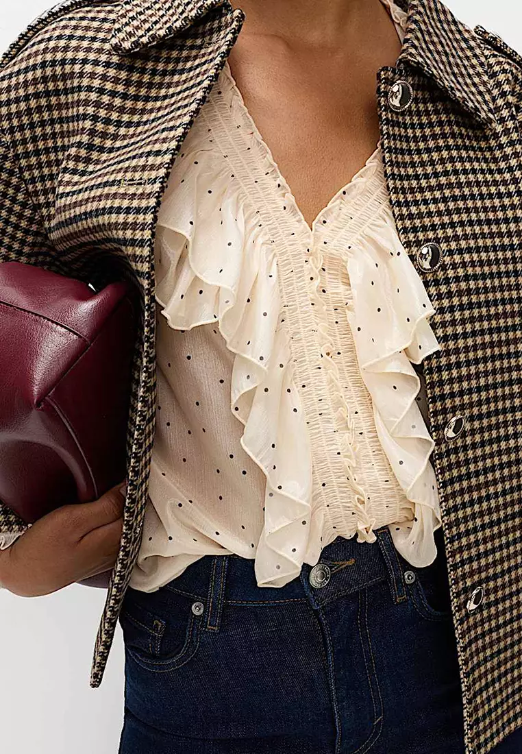 Polka Dot V-Neck Frill Detail Top