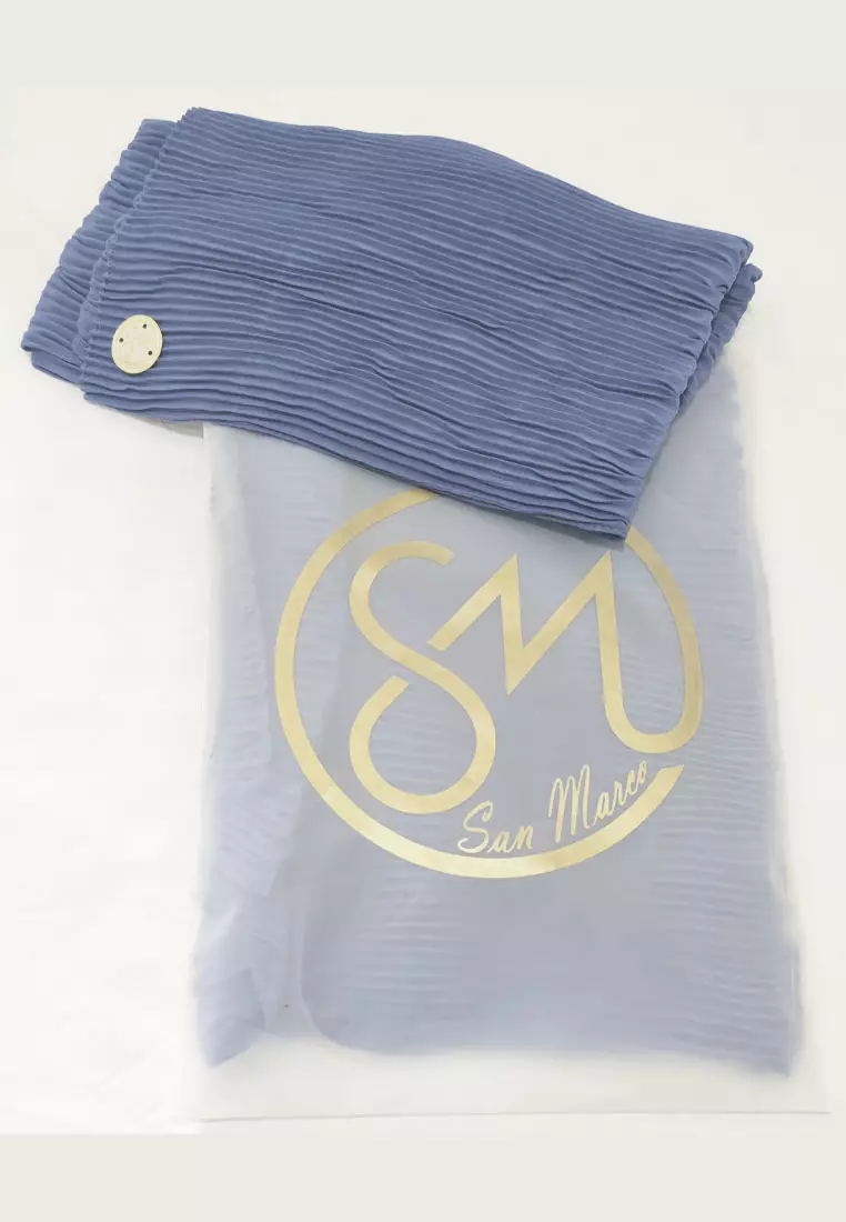 Hijab Wanita Full Pleats Plain Shawl Syal Wanita Plisket Denim Blue