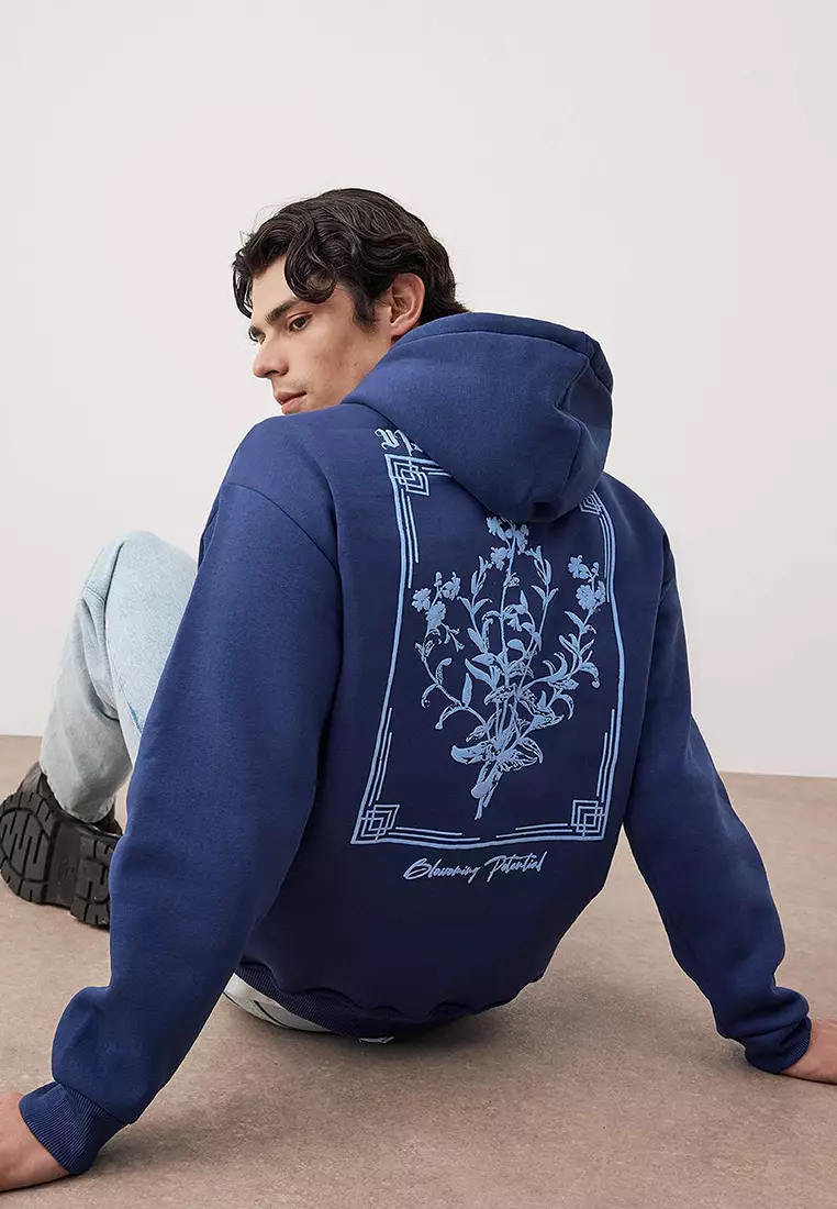 Navy Blue Oversize/Wide Cut Hooded Printed Fleece Inside/Warm Sweatshirt Tmnaw24Sw00100