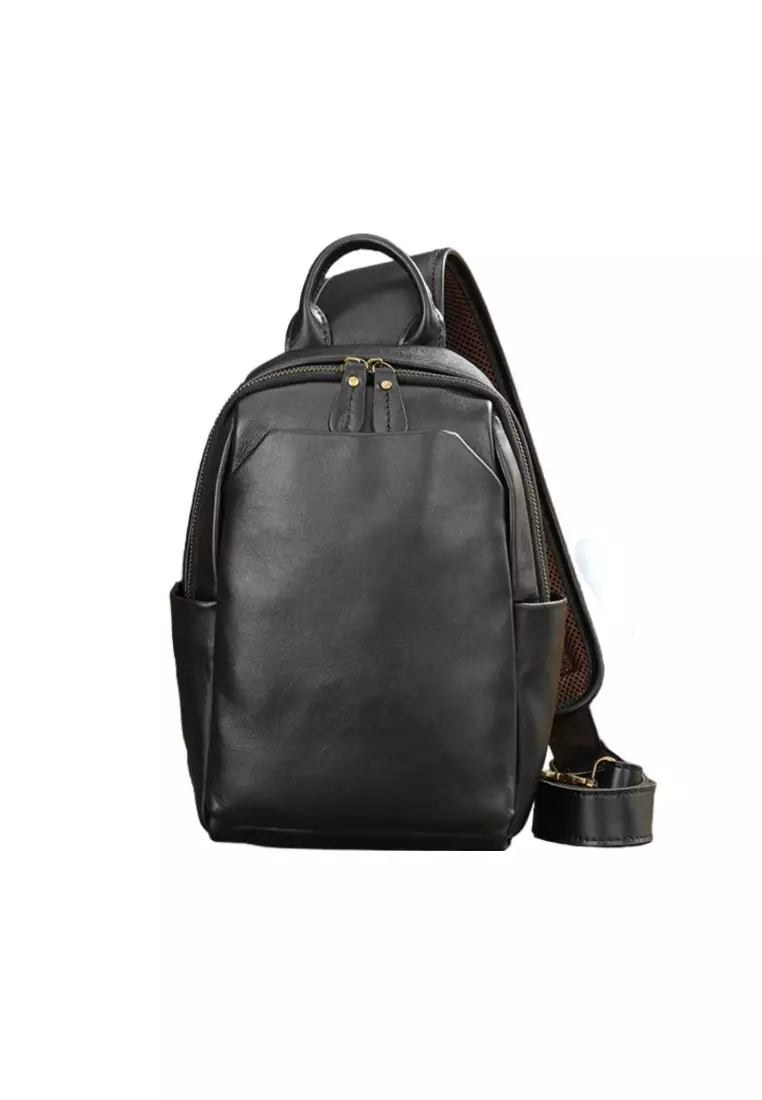 Men's Crazy Horse Cow Leather Zipper Belt Bags Chest Bags