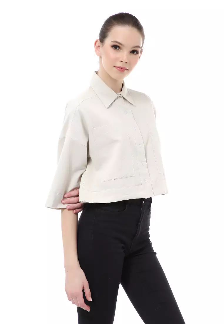 Brielle Atasan Wanita Kemeja Crop Oversize Shirt Lengan Panjang Material Linen ORIGINAL - Ivory
