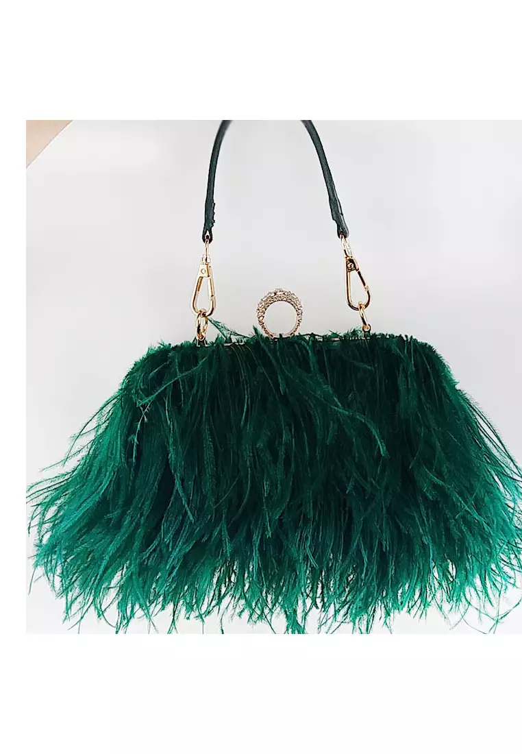 Ostrich Feather Ring Buckle Chain Crossbody Shoulder Small Square Bag