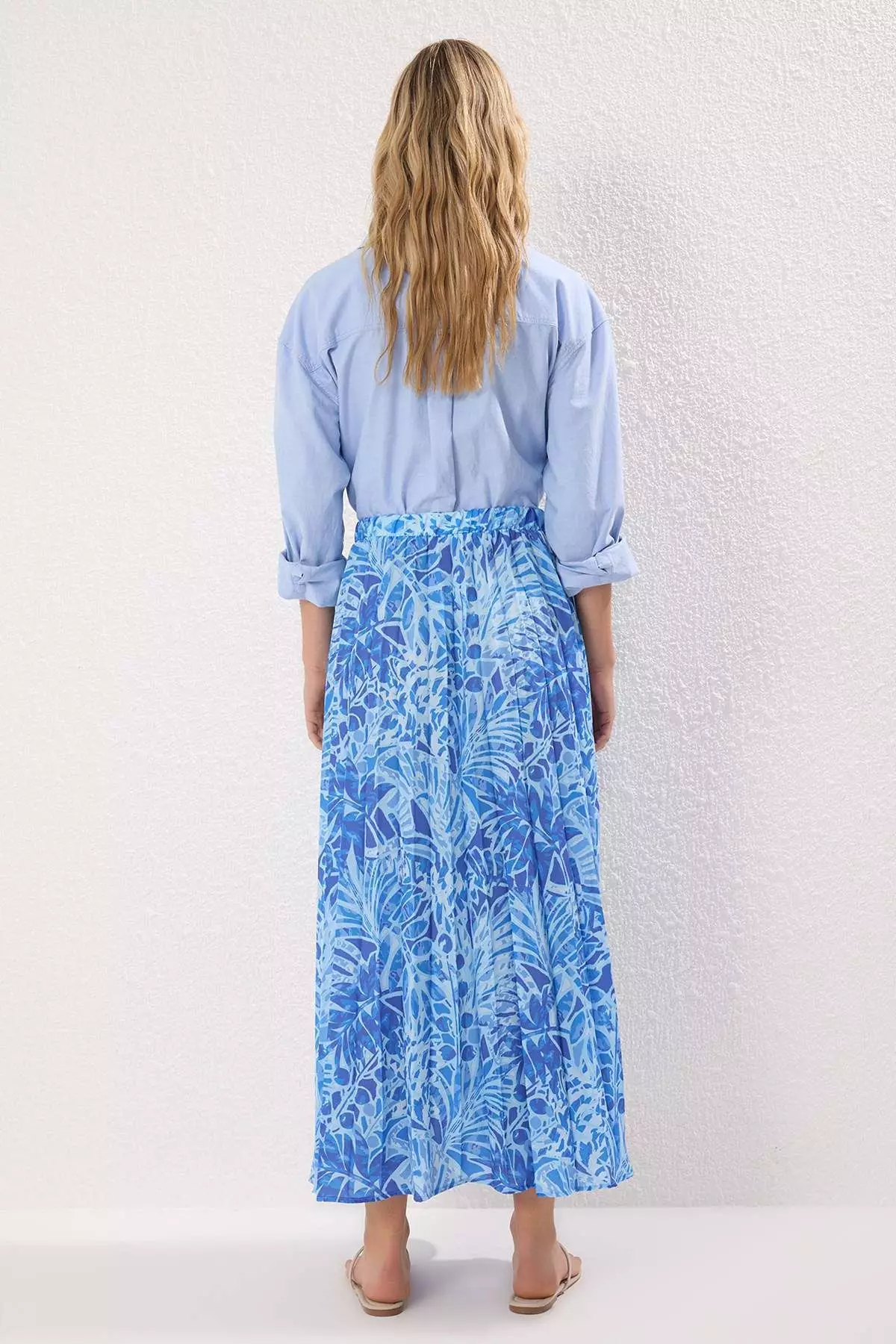 Blue Floral Patterned Pleated Elastic Waist Woven Skirt Tctss23Ee00018