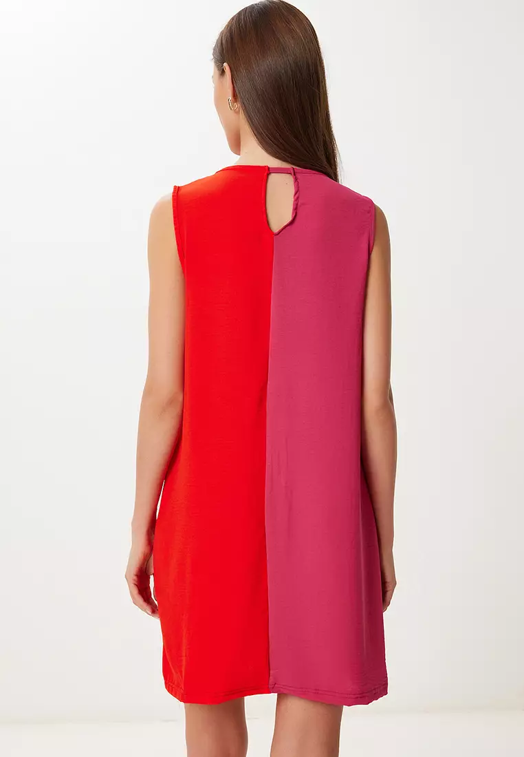 Women's Pink Red Contrast Color Mini Woven Dress Iy00001