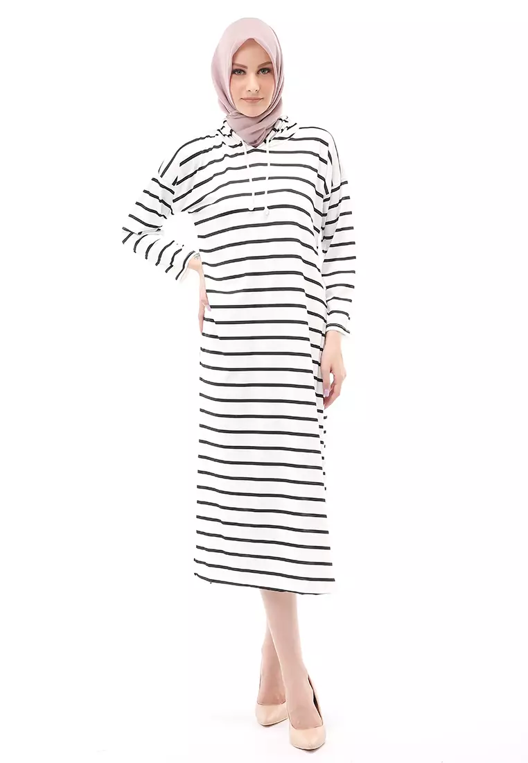 Mega Tunik Motif Stripe Atasan Wanita Long Sleeve Regular Fit - Putih B