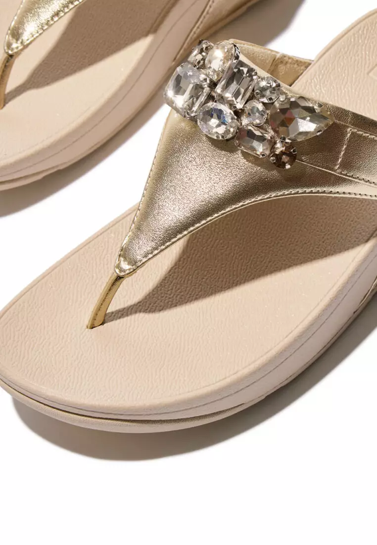 LULU Women's Jewel-Deluxe Metallic-Leather Toe-Post Sandals - Platino (HT8-675)