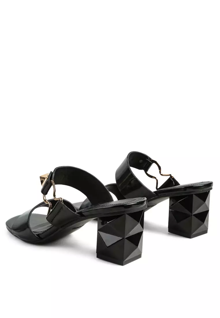 Black Geometric Cut Block Heel Slides