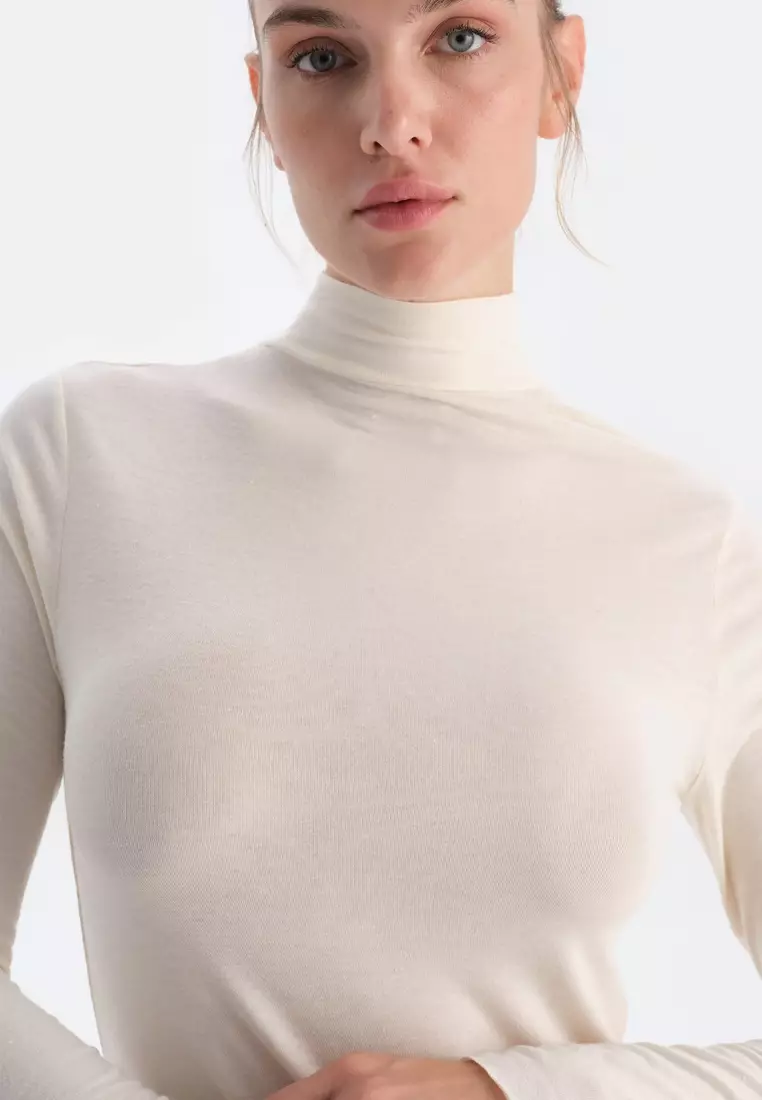 Ecru Basic T-Shirt, Fishermans Neck, Regular Fit, Long Sleeve Underwear for Women