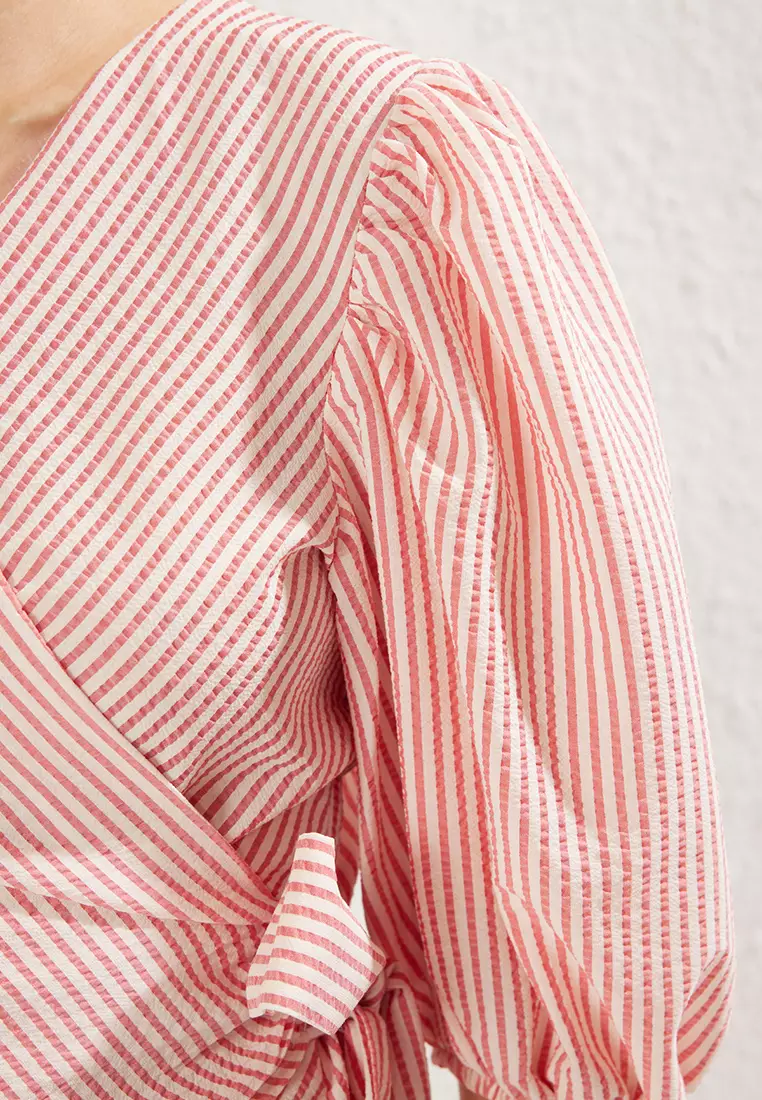 Double Breasted Tie Detail Seersucker Fabric Woven Blouse