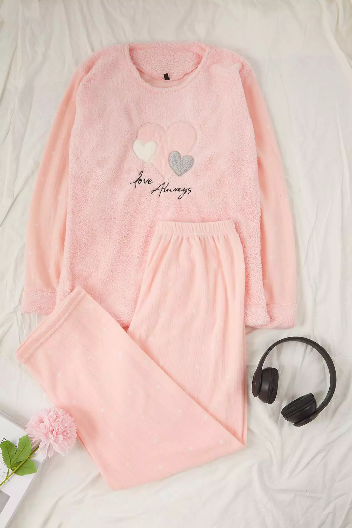 Pink Heart Polar Fleece Plus Size Pajama Set
