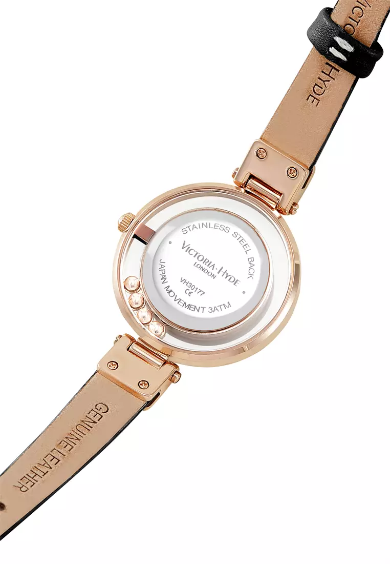 Sparkle Star 女士手表 真皮表帶 30mm玫瑰金表殼 綠色表面 流動鑽石-黑色