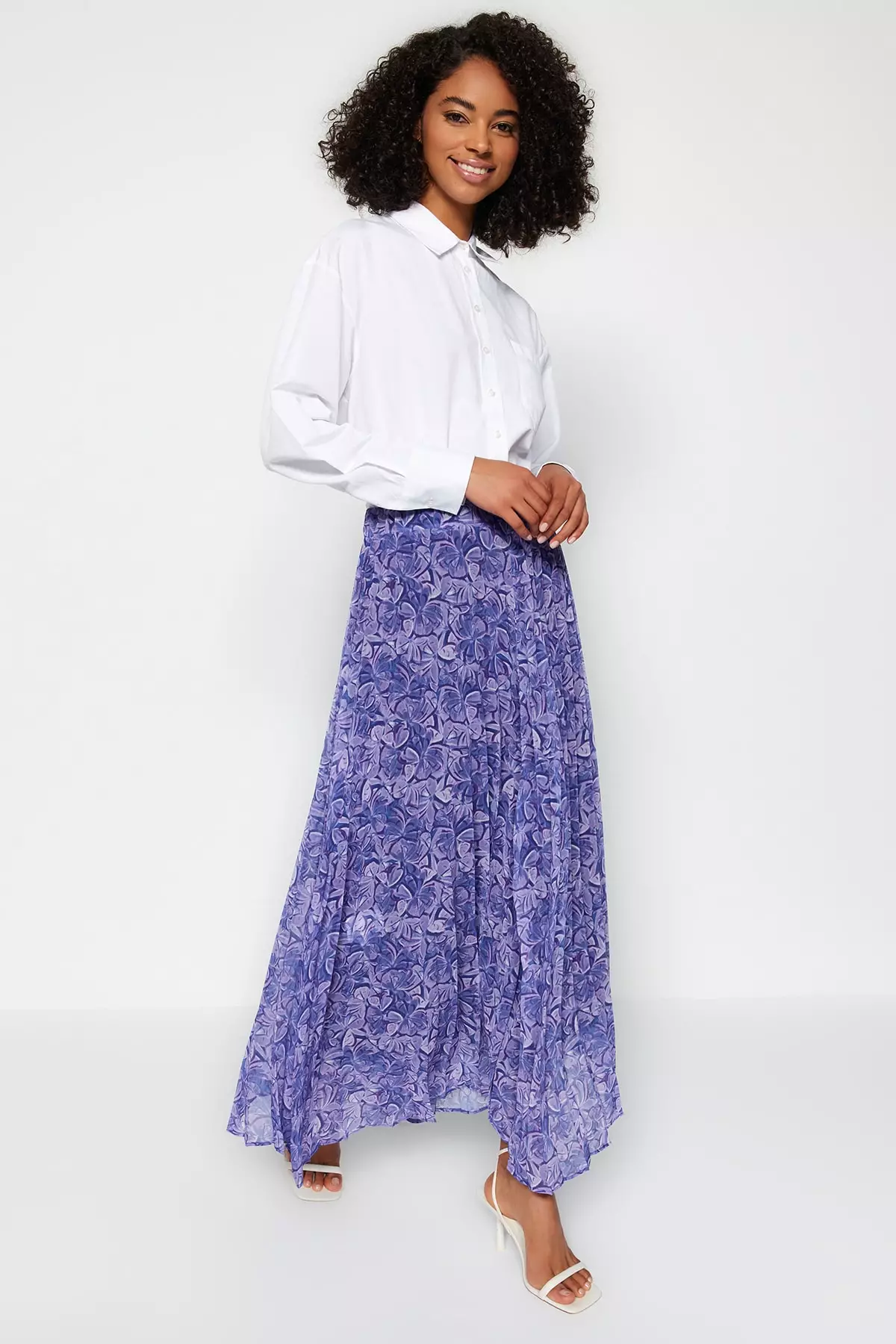 Buy Trendyol Blue Pleated Floral Pattern Lined Chiffon Skirt 2024