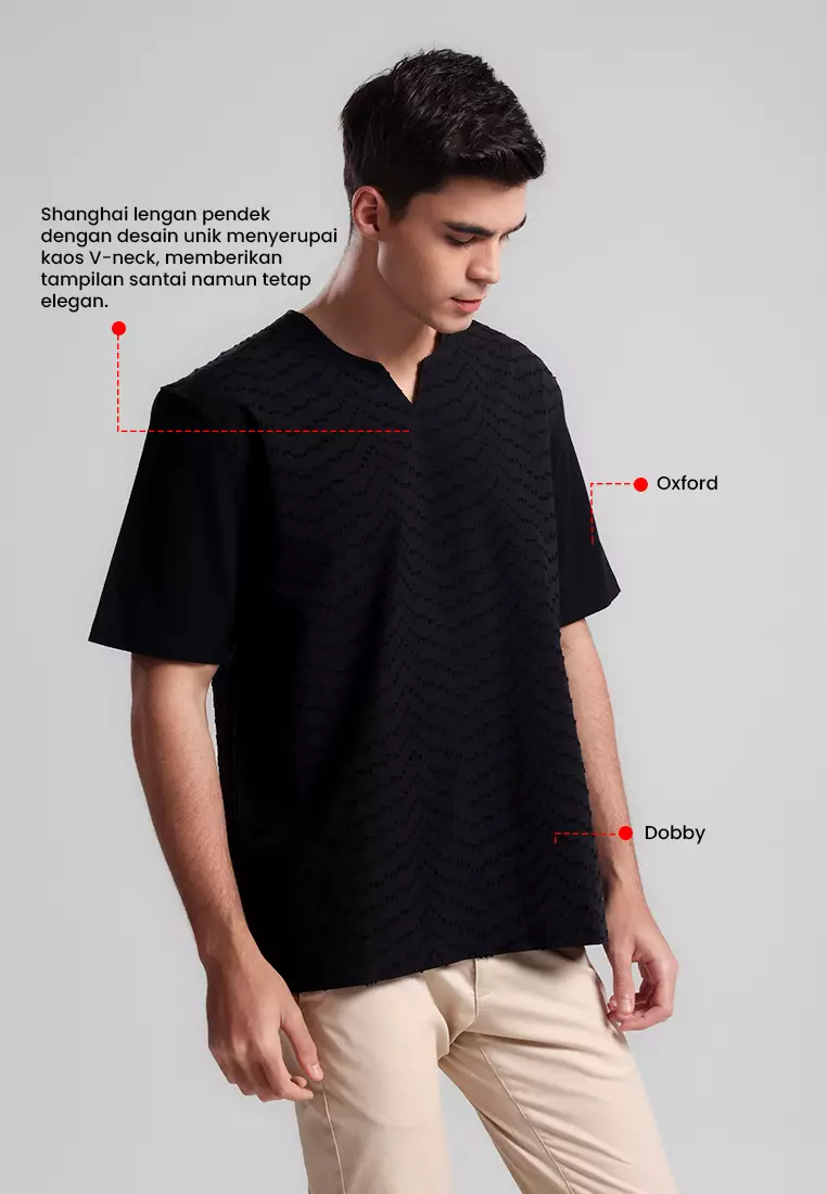 MANZONE - Kemeja Shanghai Lengan Pendek Pria Bilal Comfort Fit - Black Warna Black