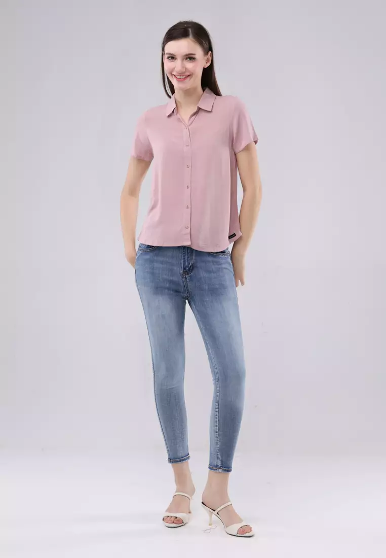 Plain Woven Short Sleeves Blouse