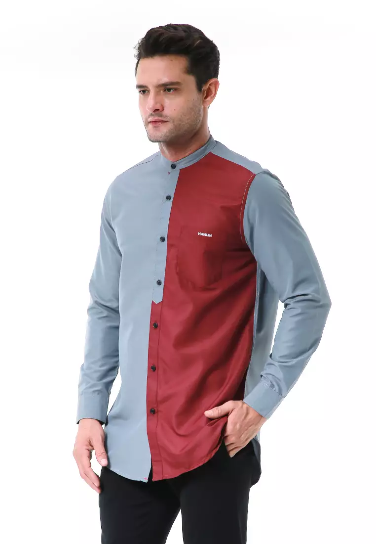 Leopold Kemeja Koko Pria Lengan Panjang Design Variasi Warna Material Cotton ORIGINAL - Gray Maroon