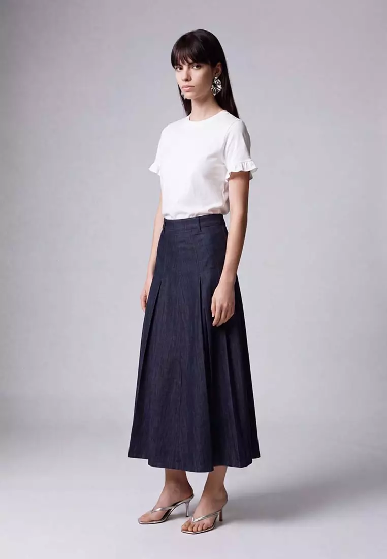Denim A-Line Midi Skirt With Belt Cotton Blend Loose