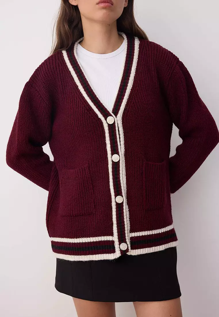 Burgundy Color Block Wide Pattern Knitwear Cardigan