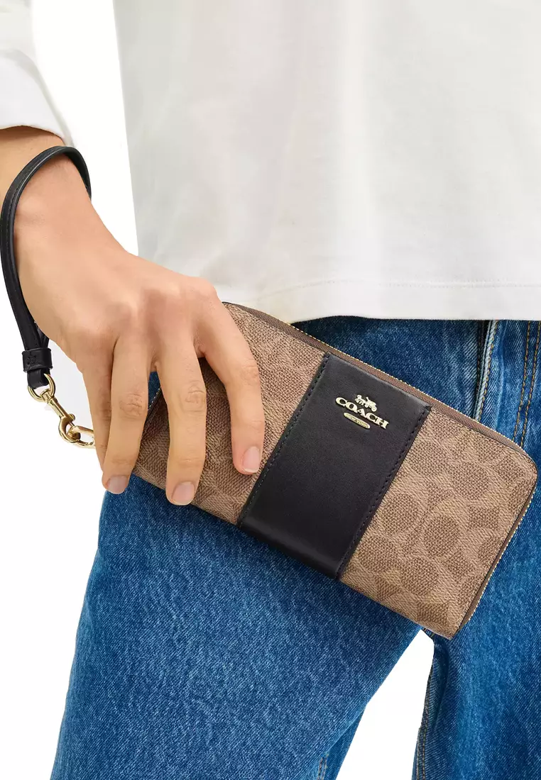 Long Zip Around Wallet In Signature Canvas With Stripe in Tan/ Black CW947