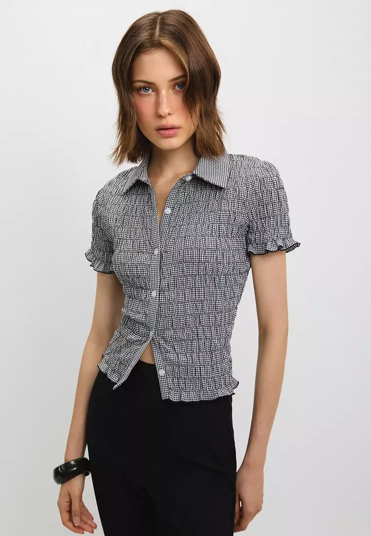 Gingham Shirred Blouse - Black