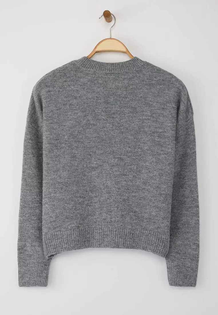 Anthracite Alpaca Wool Blended Premium/Special Yarn Wide Fit Basic Knitwear Sweater