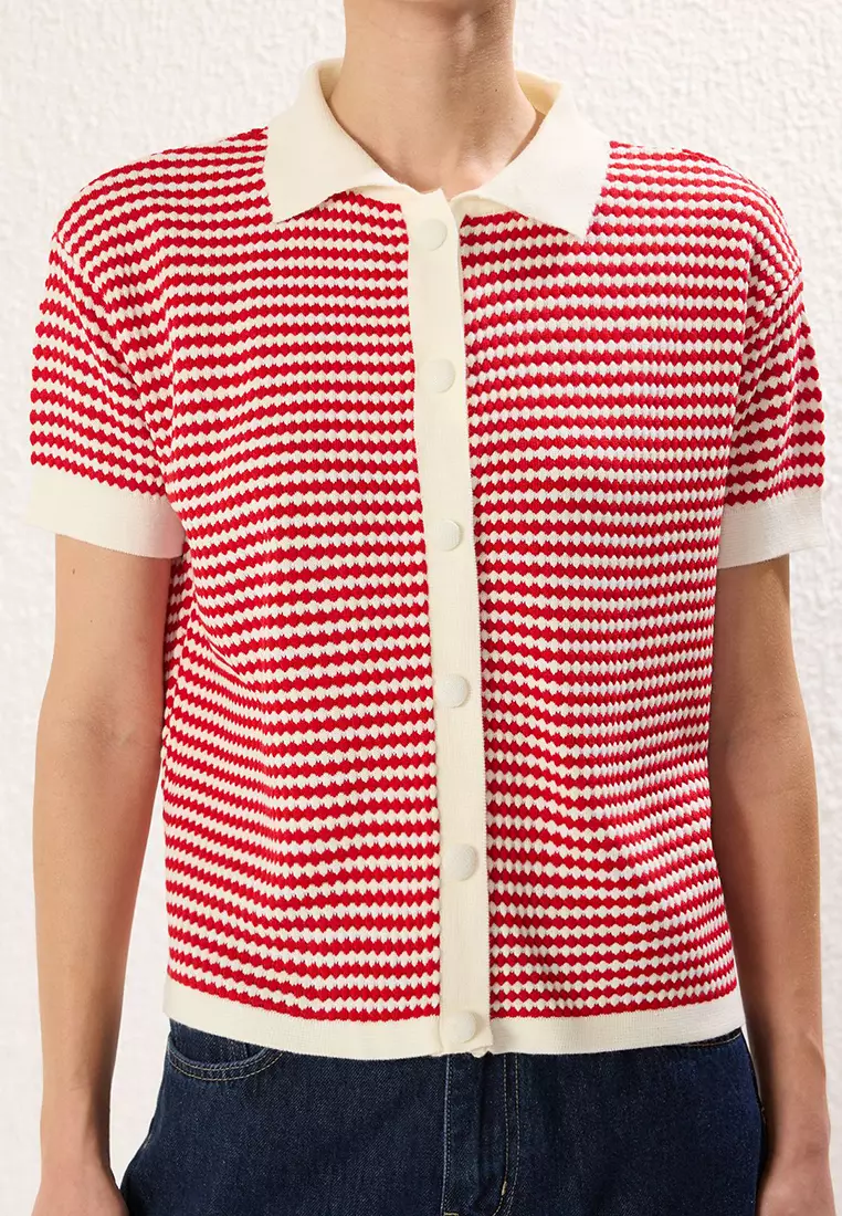 Red Polo Collar Striped Blouse Twoss25Bz00183