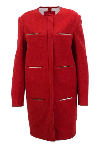 lanvin red PRE-LOVED LANVIN RED TERRACOTTA, WOOL, DOUBLE END ZIP COAT WITH SIX GOLD METAL LINED FRONT POCKETS. C7CE5AA787A9DFGS_1