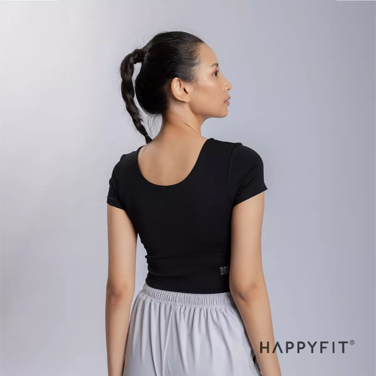 Jual Happyfit Happyfit Ruched Short Sleeve Sports Bra Black Original 