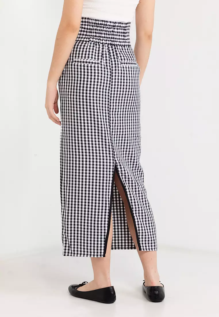 高腰格子開衩窄裙